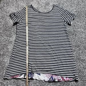 Women’s Grey White Striped High Low Hem Tunic Top Short Sleeve Scoop Neck Tee”
